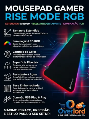 Mousepad Grande Rise Mode 900x300mm com LED RGB e Base Emborrachada (CAIXA LACRADA)