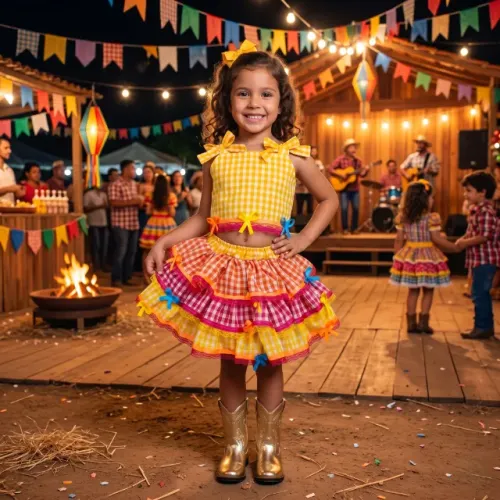 Conjunto Festa Junina Infantil Banana Club Luxo Sofia Xadrez Amarelo Feminino
