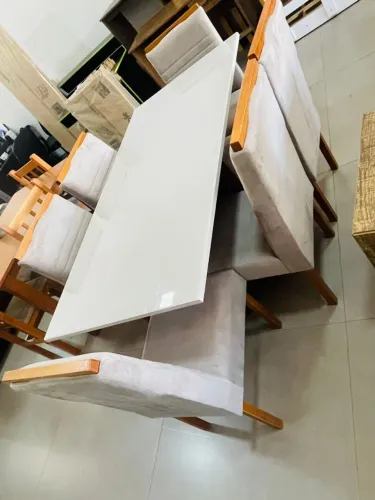 MESA DE JANTAR TAMPO DE VIDRO 1.60X0.80 COM 6 CADEIRAS ESTOFADAS CINZA NOVO