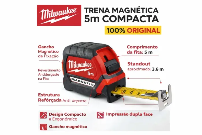 Trena Milwaukee Magnética 5m Compacta Profissional original modelo 4932464599