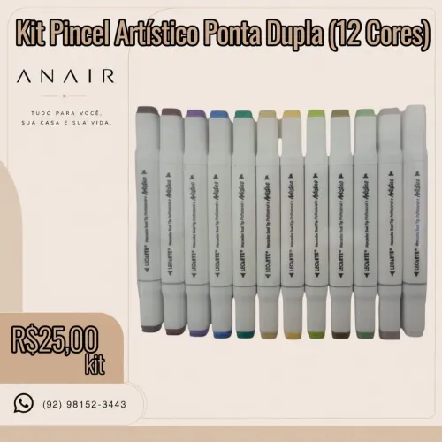 Kit Pincel Artístico Ponta Dupla (12 Cores)