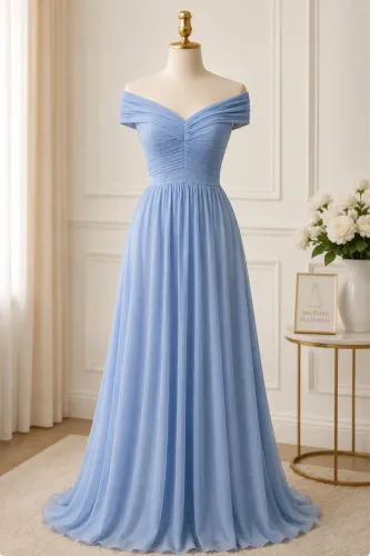 Vestido longo, de festa azul (ombro a ombro)