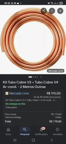 Cano de cobre de 1/2 e 1/4