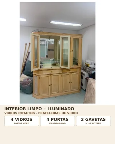 Cristaleira + Buffet Madeira Maciça 2,00m - Vidro em Cima Madeira Embaixo - Com Luz