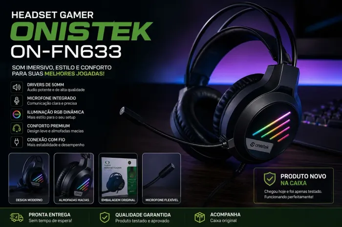 Headset Gamer RGB Onistek ON-FN633 com Microfone - Novo na Caixa