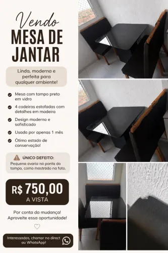 Mesa de jantar, 4 cadeiras. Seminova