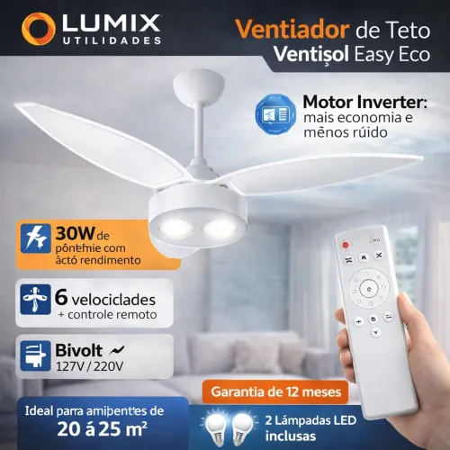 Ventilador de teto Easy eco Ventisol controle remoto 6 velocidades motor inverter 