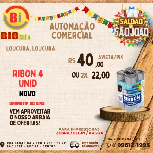 Kit 4 Rolos Ribbon Cera 110x74m Impressora Térmica Elgin L42 Argox Zebra 