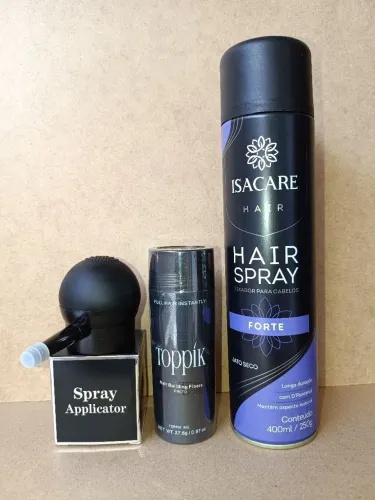Kit Toppik Cor Preto Profissional Frasco Bombinha Bico Aplicador e Spray Fixador