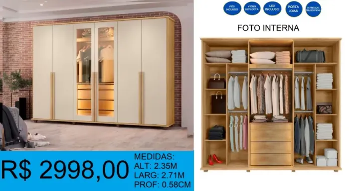 ROUPEIRO - VIDRO REFLECTA - LED INCLUSO - DISPONIVEL EM 2 CORES = ENTREGA GRATUITA 