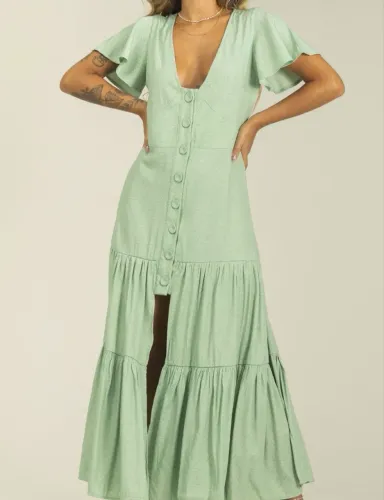 Vestido longo verde novo feminino com fenda novo