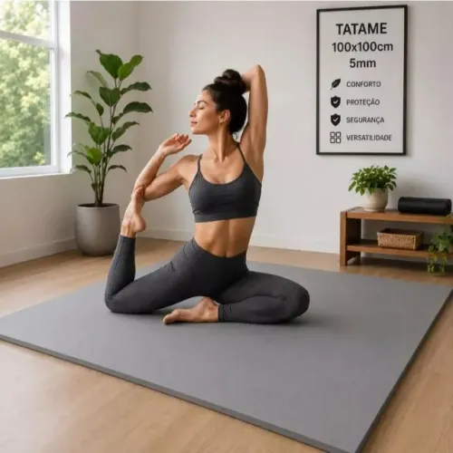 Tapete Para Yoga Pilates E Exercícios Atividades Fisicas 1,00m x 1,00m 5mm - Cinza/Preta