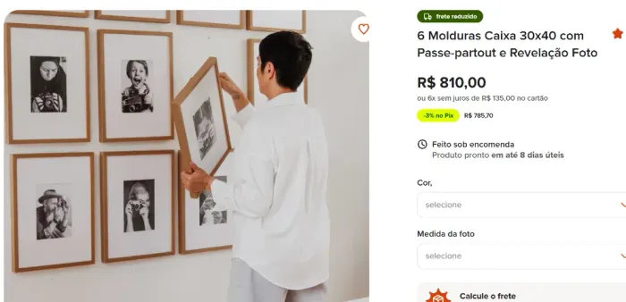 Moldura para fotos com passe partout em madeira caramelo 30 x 40