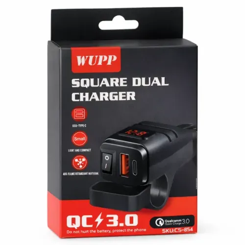Carregador Moto WUPP QC 3.0 Square Dual USB + Type-C com Voltímetro Digital