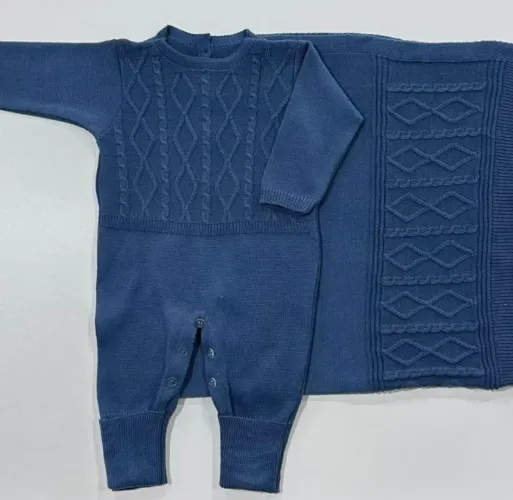 Kit Macacão e Manta Saída Maternidade Bebê RN 0 a 1 mês Tricô Azul