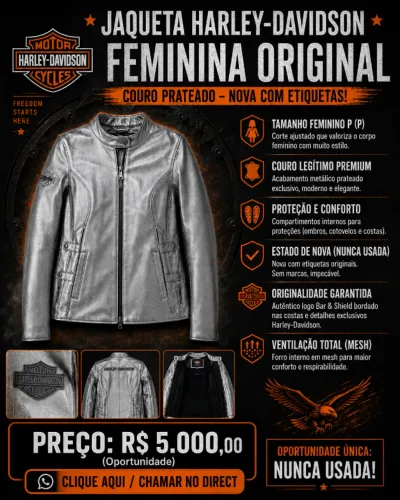 Jaqueta Harley Davidson Feminina Couro Prateado Original