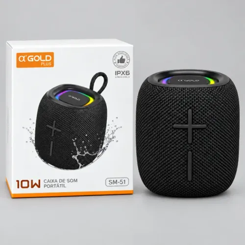 Caixa de Som Bluetooth Portátil A?Gold Plus SM-51 10W com Iluminação RGB e Proteção IPX6