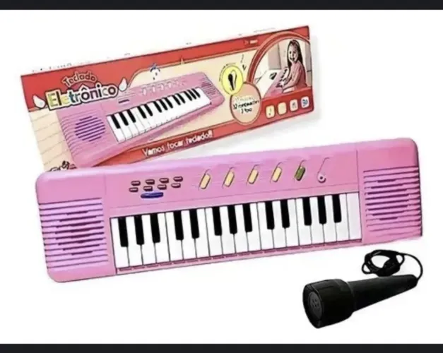 Teclado musical infantil rosa com 32 teclas + microfone