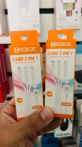 Cabo 3x1 para celulares- Hrebos - Tipo-c, v8 e Lightning iphone