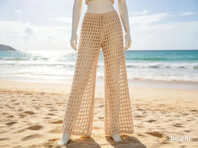 Calça pantalona de crochê bege