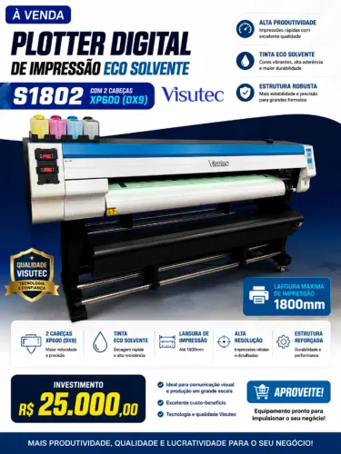 Plotter Digital de Impressão Eco Solvente- S1802 Com 2 Cabeças XP600 (DX9) VISUTEC