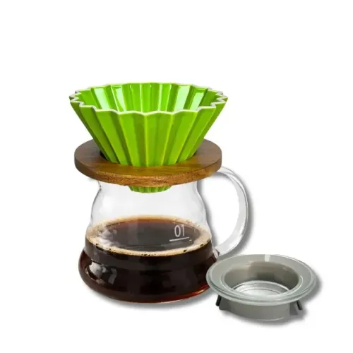 Conjunto Porta Filtro Café Estilo Origami Cerâmica 01 Jarra 350 ml Base Madeira