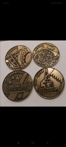 4 primeiras medalhas da coleção  da copa do mundo 22: Brasil, México,Qatar e Argentina.