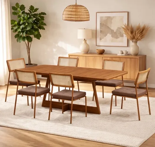 Mesa de Jantar Industrial 160x90cm com 6 Cadeiras em Aço Tubular Tecido Corino p65