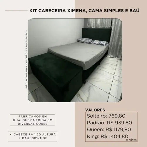 Kit cabeceira + baú + cama simples, diversas cores 