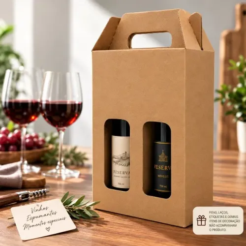 Kit 10 Caixas para Vinho 2 Garrafas Kraft com Visor e Alça - Embalagem Presente