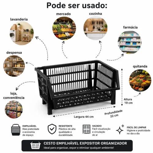     Cesto Expositor Plástico Empilhável Multiuso Alta Qualidade