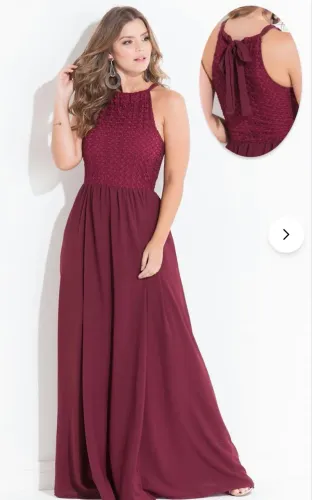 Vestido Longo Marsala Quintess com Renda e Amarração - Tamanho M