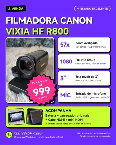 FILMADORA CANON VIXIA HF R800 FULL HD 