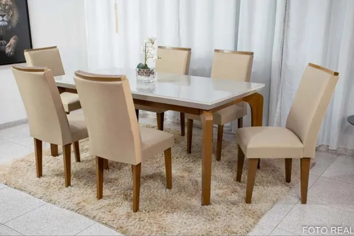Mesa Londrina 180×90 C 6 Cadeiras Lunara Linho Bege Até 12x