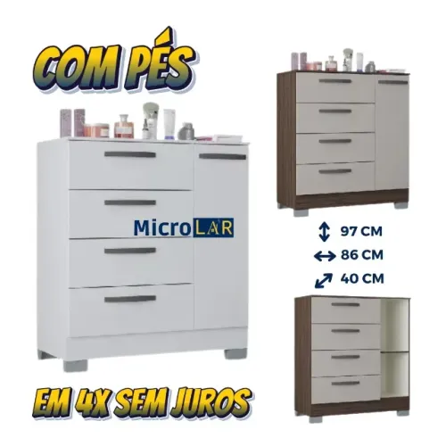 Cômoda 4 Gavetas 1 Pts 4x de 134,00 Monta na Hora- 12 Meses de Garantia