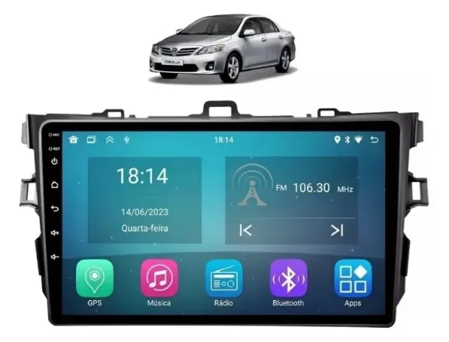 Central Multimídia Android 9 pol. Carplay e Android auto sem fio Corolla 2008 a 2014
