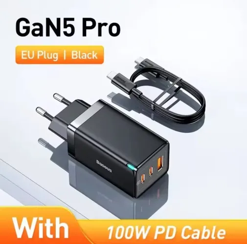 Carregador Rápido Baseus GaN5 Pro 65W + Cabo PD 100W - 3 Portas, Compacto, EU Plug<br>