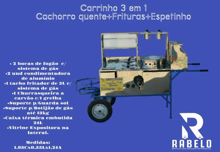Carrinho de lanches 3 em 1 inox Completo Cachorro quente, Frituras e Espetinhos