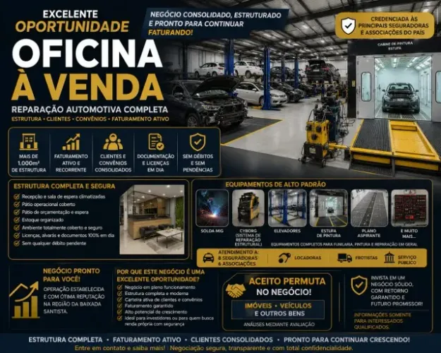 OPORTUNIDADE DE VENDA - OFICINA DE REPARAÇÃO AUTOMOTIVA CONSOLIDADA EM SANTOS/SP