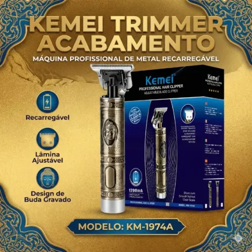 Máquina Trimmer KM-1974A Metal Recarregável com Acabamento Cirúrgico e Bateria Ecológica