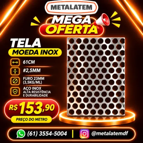Tela Moeda Inox 61cm Espessura 2,5mm Furo 23mm Vendida por Metro