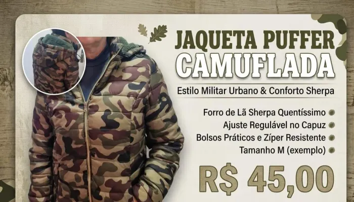 Casaco puffer capuz camuflado