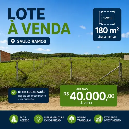 Lote á venda 12x15. 180 m2
