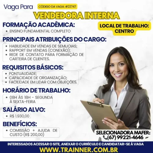 VAGA PARA VENDEDORA INTERNA