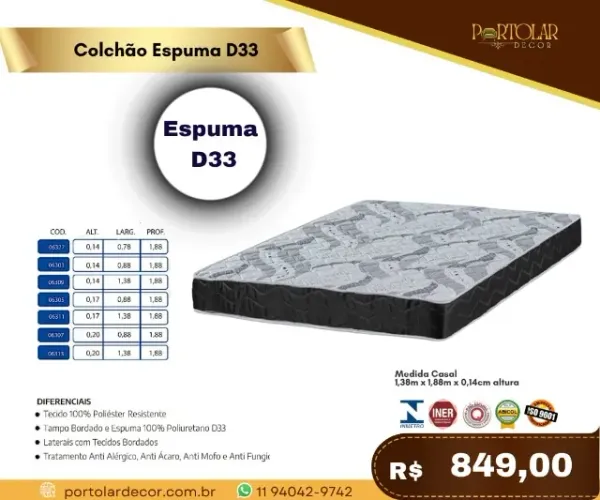 Colchão espuma D33, a pronta entrega