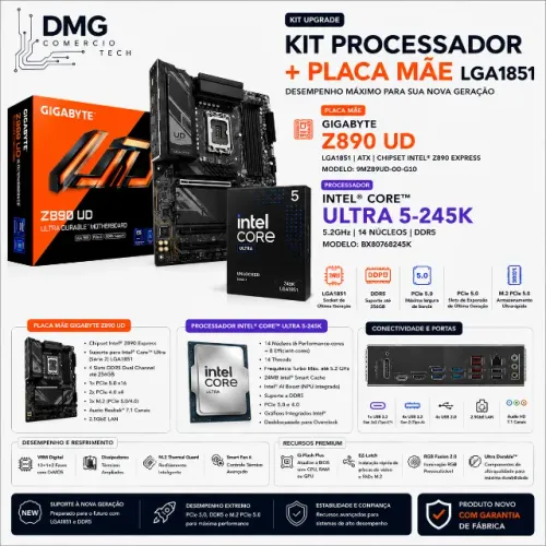Kit Gamer - Intel Core Ultra 5 245K + Placa Mae Gigabyte Z890 UD DDR5 LGA1851 (Lacrados)