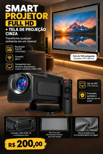 Projetor Full HD HY320 Magicub + Tela de projeção cinza 100 polegadas