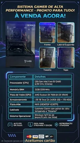 PC Gamer Core i5 12ª Ger | RX 7600 8GB | 32GB RAM | 2 SSD 240 1 HDD 1TB 