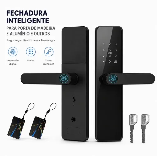 Fechadura Digital Inteligente - Biometria, Senha, Cartão e Chave | 4 Modos de Abertura
