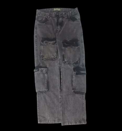 Calça Cargo Jeans Wide Leg Preta Estonada